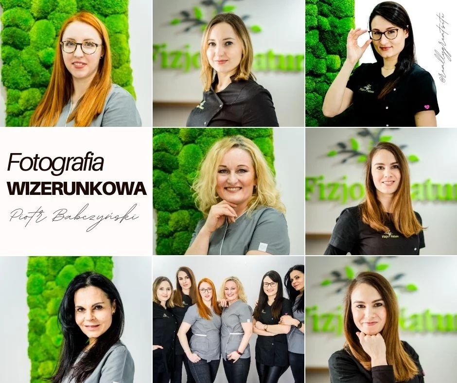 Kolaż portretów biznesowych zespołu gabinetu fizjoterapii na jednolitym tle